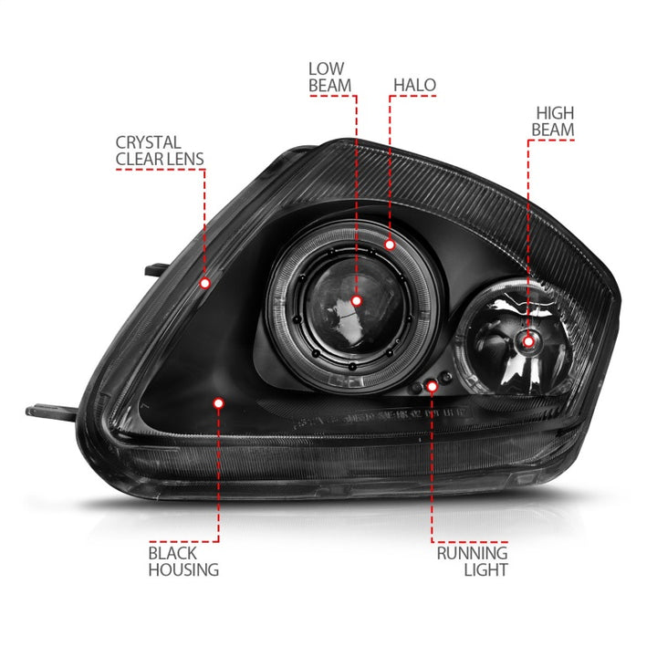 ANZO 2000-2005 Mitsubishi Eclipse Projector Headlights w/ Halo Black - Bull Strap