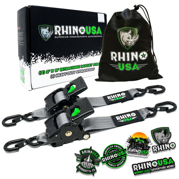 Rhino USA Retractable Ratchet Straps (2Pk 2Inx10Ft) Gray - Bull Strap