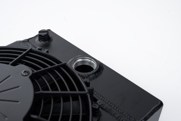 CSF Universal Drag Race / Tuck Radiator w/9in Spal Fan - 10.5in H x 10in L x 3.6in W - Black - Bull Strap