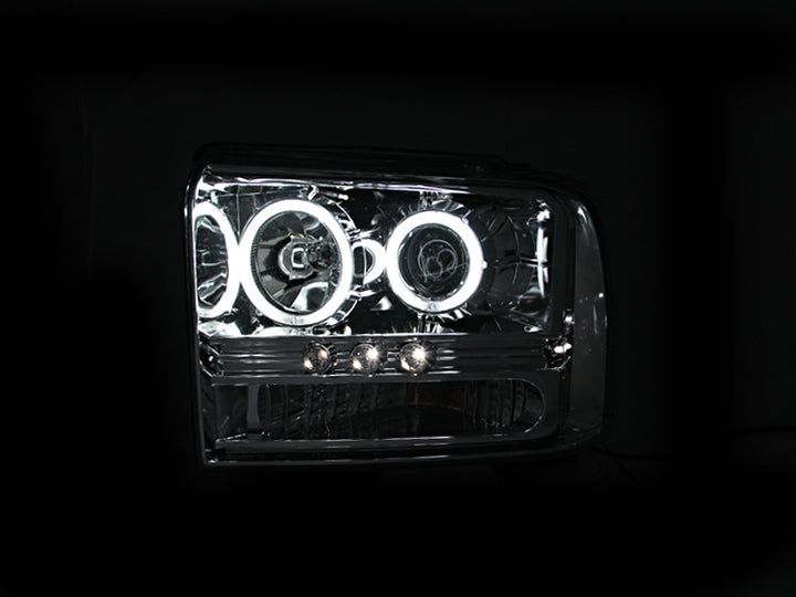 ANZO 2005-2007 Ford Excursion Projector Headlights w/ Halo Chrome w/ LED Strip (CCFL) 1pc - Bull Strap