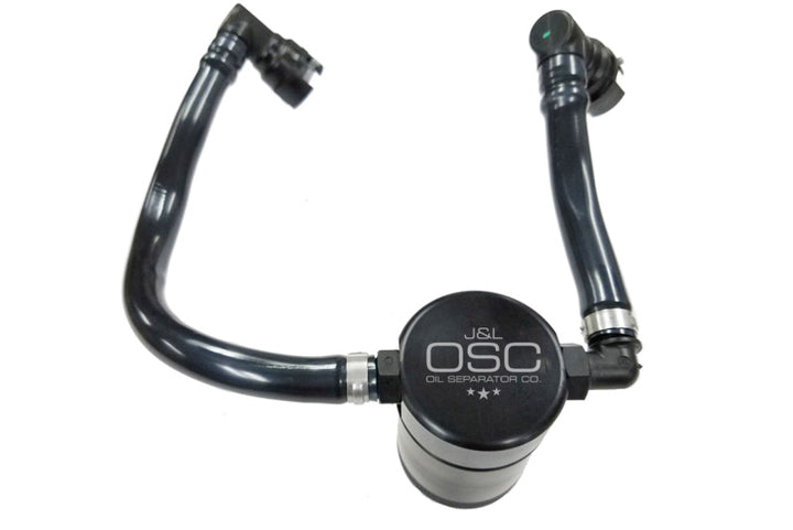 J&L 2018-2023 Ford Mustang GT Passenger Side Oil Separator 3.0 - Black Anodized - Bull Strap