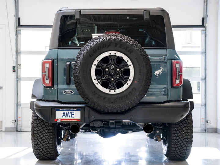 AWE Tuning 2021+ Ford Bronco 0FG Dual Rear Exit Exhaust w/Diamond Black Tips & Bash Guard - Bull Strap