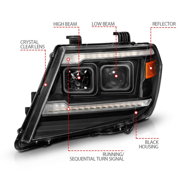 ANZO 09-20 Nissan Frontier Black Projector Plank Style DRL w/ Switchback & Sequential LED DRL - Bull Strap