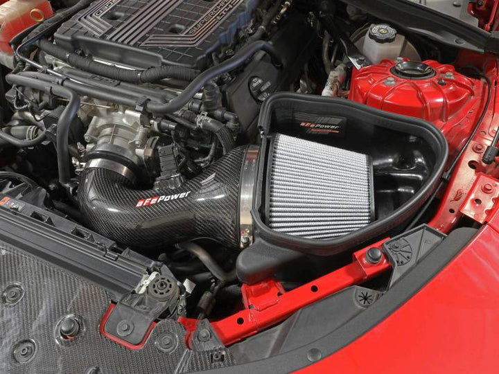 aFe 17-12 Chevrolet Camaro ZL1 (6.2L-V8) Track Series Carbon Fiber CAI System w/ Pro-DRY S Filters - Bull Strap