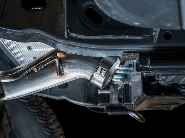 AWE Tuning 2021+ Ford Bronco 0FG Dual Rear Exit Exhaust w/Diamond Black Tips & Bash Guard - Bull Strap
