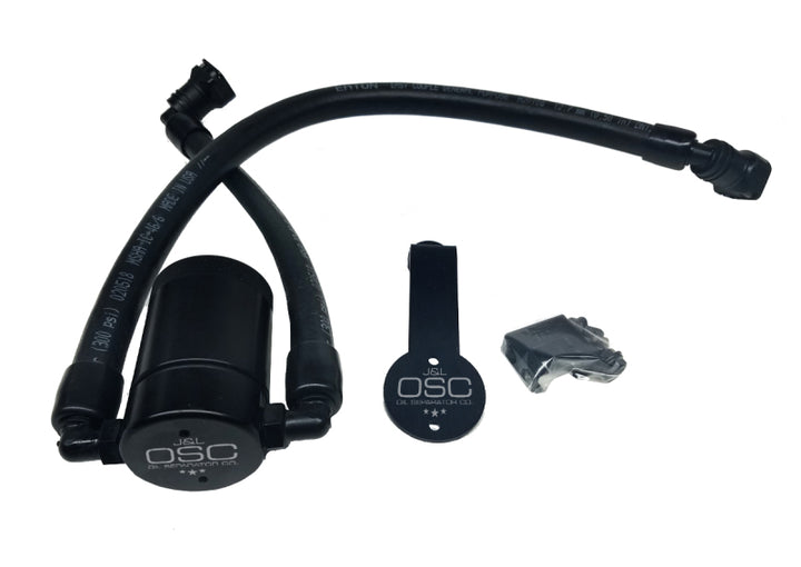 J&L 2011-2017 Ford Mustang GT Driver Side Oil Separator 3.0 - Black Anodized - Bull Strap