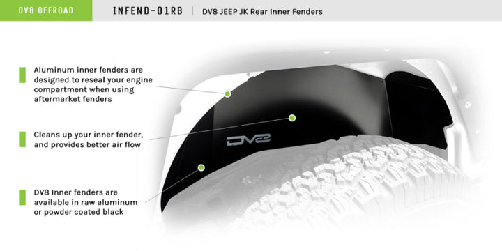 DV8 Offroad 07-18 Jeep Wrangler JK Rear Aluminum Inner Fender - Black - Bull Strap