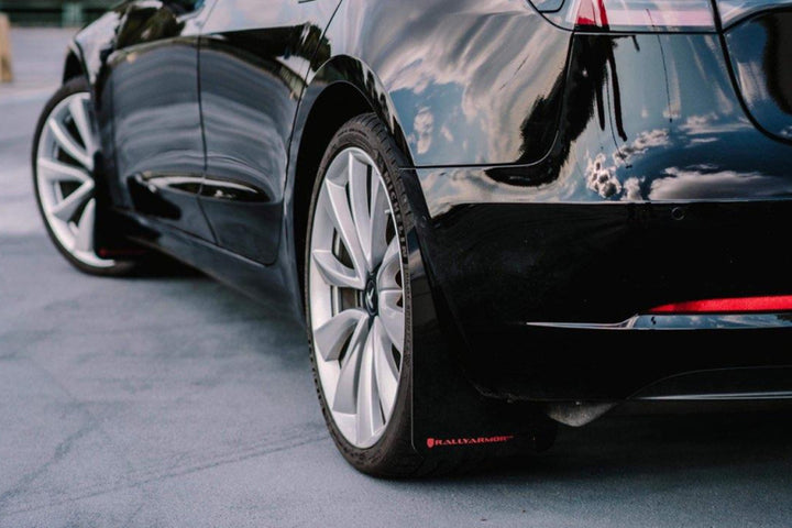 Rally Armor 17-23 Tesla Model 3 Black UR Mud Flap - Metallic Black Logo - Bull Strap