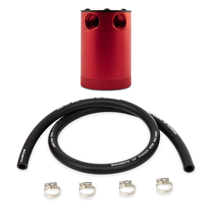 Mishimoto Compact Baffled Oil Catch Can - 2-Port - Red - Bull Strap