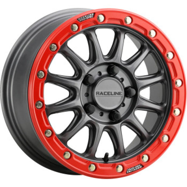 Raceline A14GR Alpha 15x7in/4x156 BP/10mm Offset/132.5mm Bore - Gunmetal & Red Ring Beadlock Wheel - Bull Strap