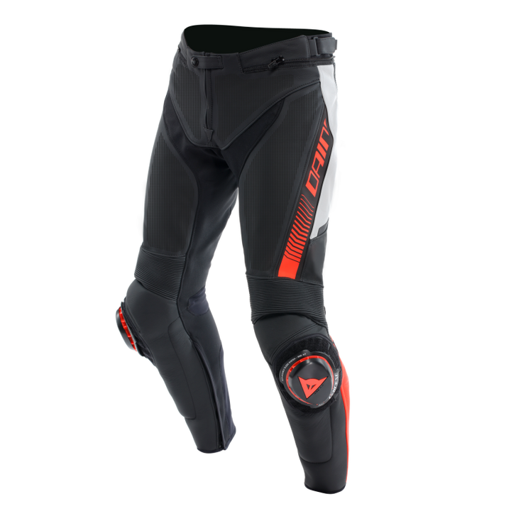 Dainese Super Speed Perforated Leather Pants Black/White/Red-Fluorescent Size - 48 - Bull Strap