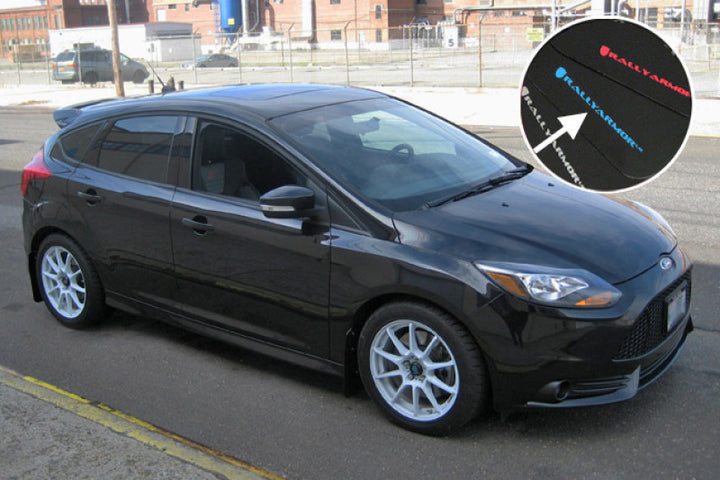 Rally Armor 12-19 Ford Focus ST / 16-19 RS Black Mud Flap w/Grey Logo - Bull Strap