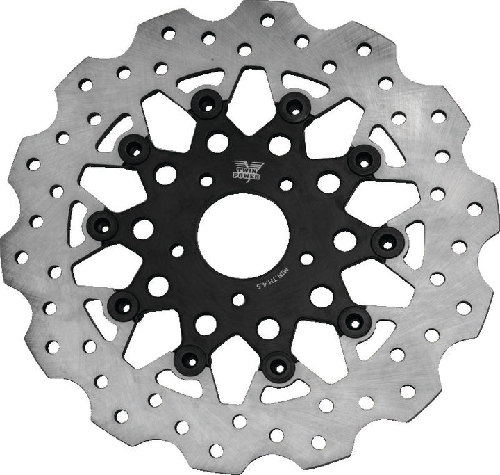 Twin Power 08-13 FLH FLT 08-16 FLHR 06-17 Dyna Front 11.8 Scalloped Floating Rotor Black Mesh - Bull Strap