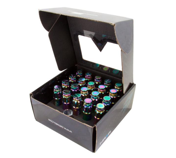 NRG 700 Series M12 X 1.5 Steel Lug Nut w/Dust Cap Cover Set 21 Pc w/Locks & Lock Socket - Neochrome - Bull Strap