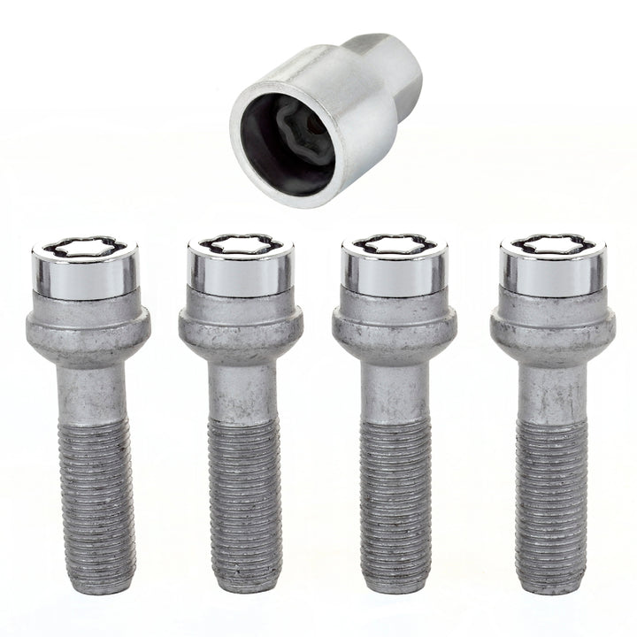 McGard Wheel Lock Bolt Set - 4pk. (Radius Seat) M14X1.5 / 17mm Hex / 45.0mm Shank Length - Chrome - Bull Strap