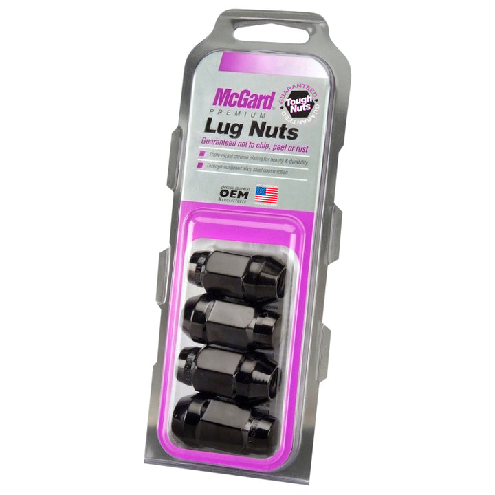 McGard Hex Lug Nut (Cone Seat Bulge Style) M12X1.5 / 3/4 Hex / 1.45in. Length (4-Pack) - Black - Bull Strap