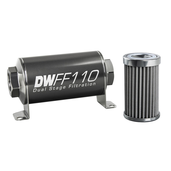 DeatschWerks Stainless Steel 10AN 100 Micron Universal Inline Fuel Filter Housing Kit (110mm) - Bull Strap