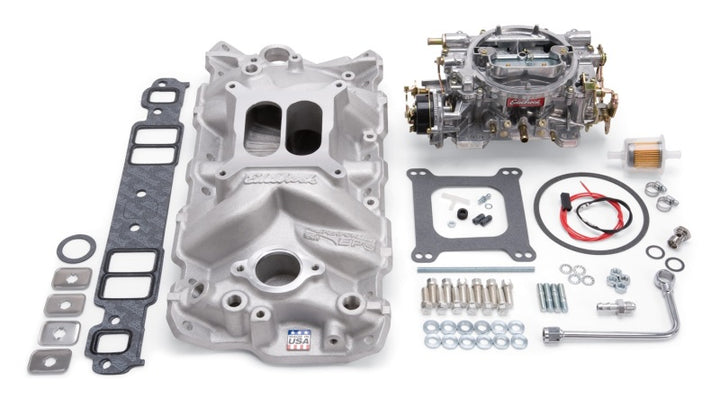 Edelbrock Manifold And Carb Kit Performer Eps Small Block Chevrolet 1957-1986 Natural Finish - Bull Strap