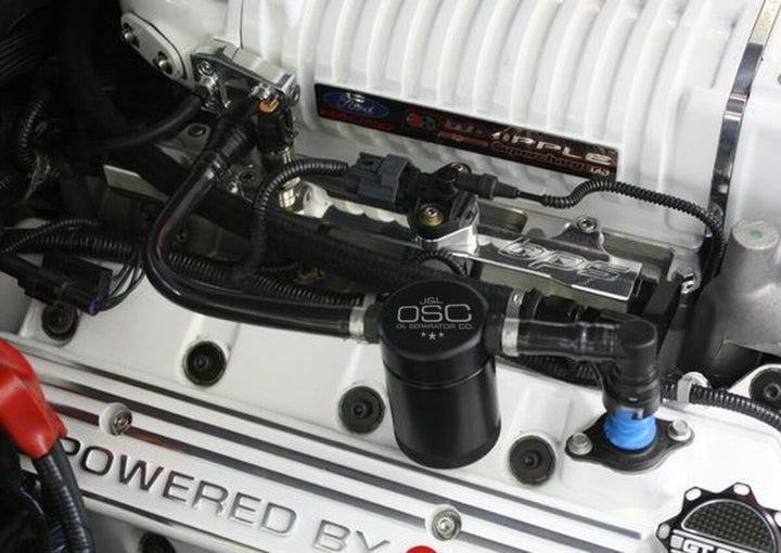 J&L 07-14 Ford Mustang GT500 Passenger Side Oil Separator 3.0 - Black Anodized - Bull Strap