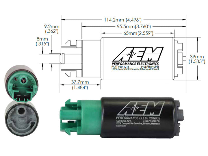 AEM 340LPH 65mm Fuel Pump Kit w/ Mounting Hooks - Ethanol Compatible - Bull Strap