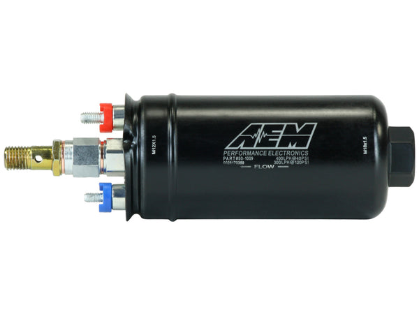 AEM 400LPH High Pressure Inline Fuel Pump - M18x1.5 Female Inlet to M12x1.5 Male Outlet - Bull Strap