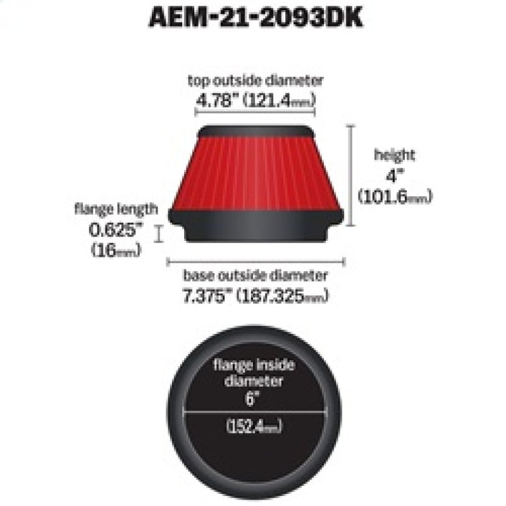 AEM 6 in x 4 in Dryflow Tapered Conical Air Filter - Bull Strap