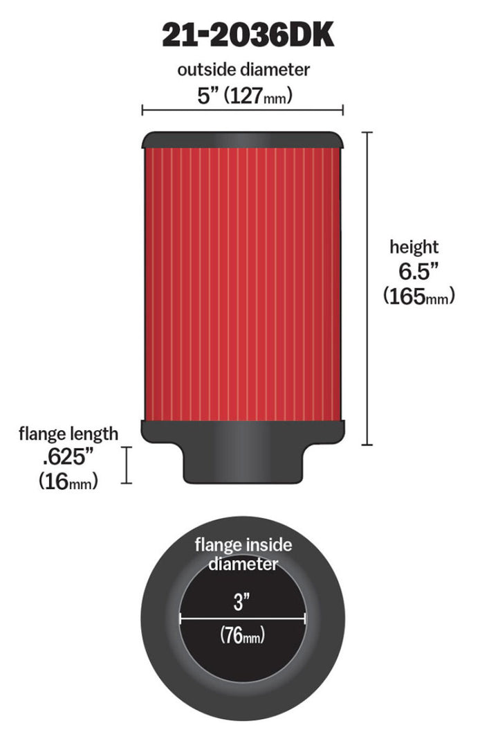 AEM Air Filter, 3inFLG/ 5inOD/ 6-1/2inH Dry Flow - Bull Strap