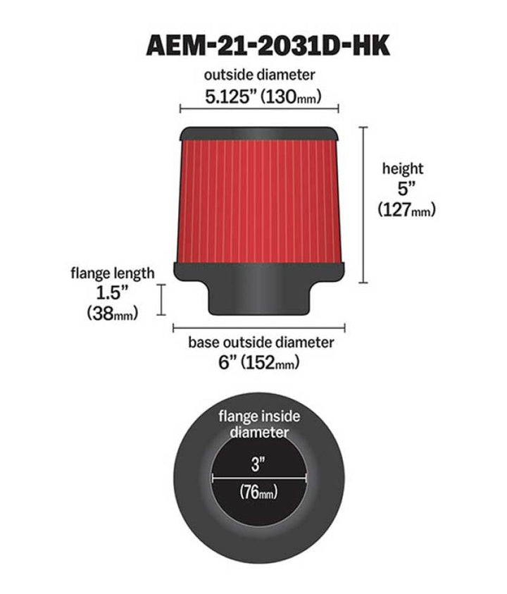 AEM Dryflow 3in. X 5in. Round Tapered Air Filter - Bull Strap