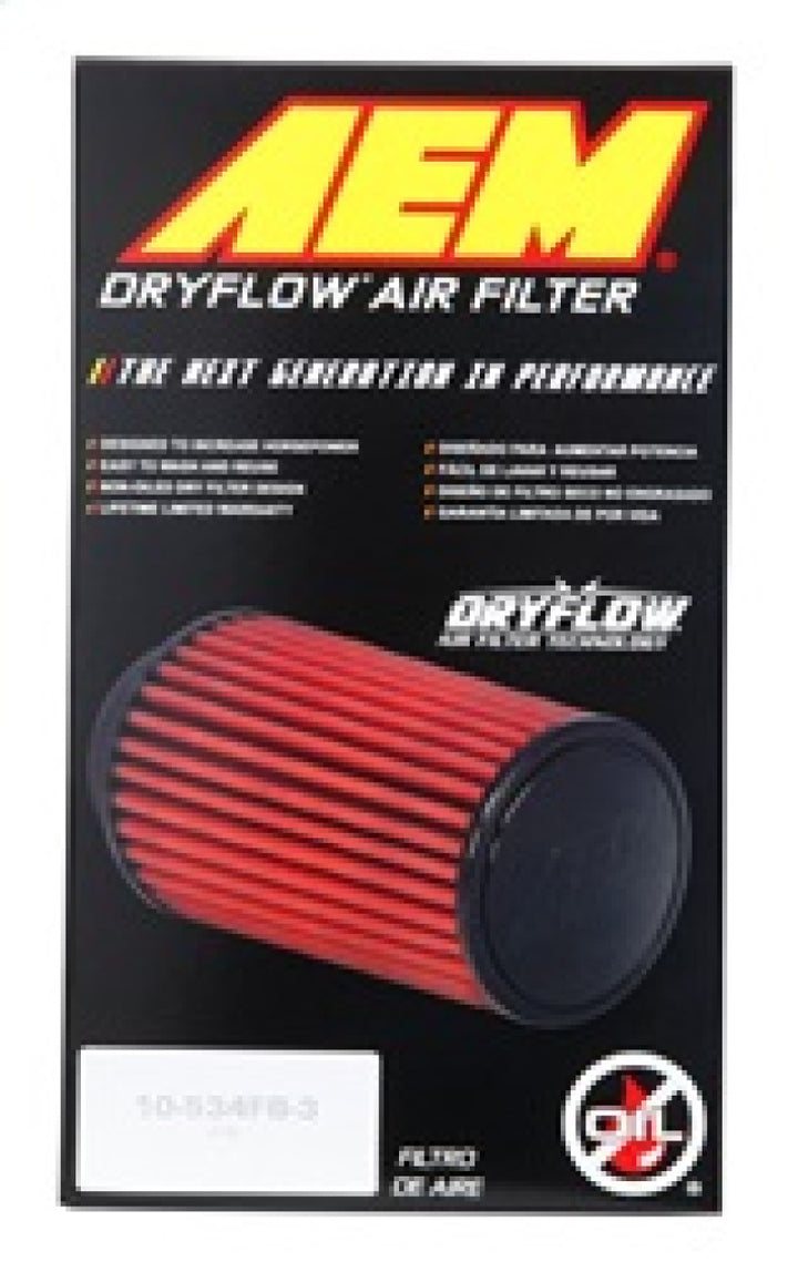 AEM Dryflow Air Filter - Round Tapered 5in Top OD x 6 Base OD x 5.563in H x 3in Flange ID - Bull Strap