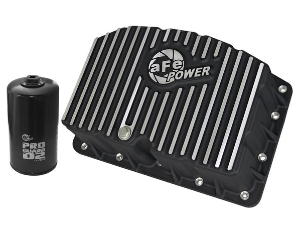 AFE Pro Series Engine Oil Pan Black w/Machined Fins; 11-16 Ford Powerstroke V8-6.7L (td) - Bull Strap