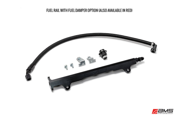AMS Performance 08-15 Mitsubishi EVO X CNC Machined Aluminum Fuel Rail w/Pulsation Dampener - Red - Bull Strap