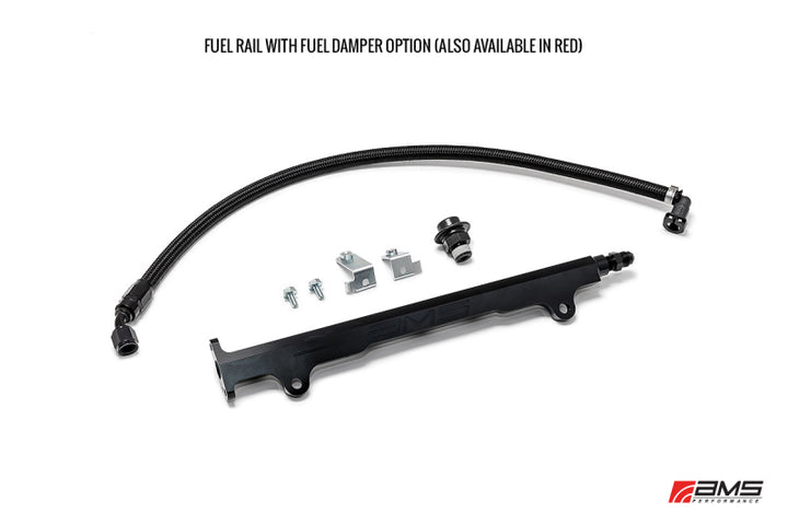 AMS Performance 08-15 Mitsubishi EVO X CNC Machined Aluminum Fuel Rail w/Pulsation Dampener - Red - Bull Strap