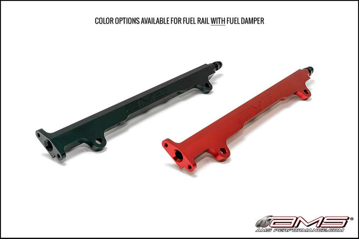 AMS Performance 08-15 Mitsubishi EVO X CNC Machined Aluminum Fuel Rail w/Pulsation Dampener - Red - Bull Strap
