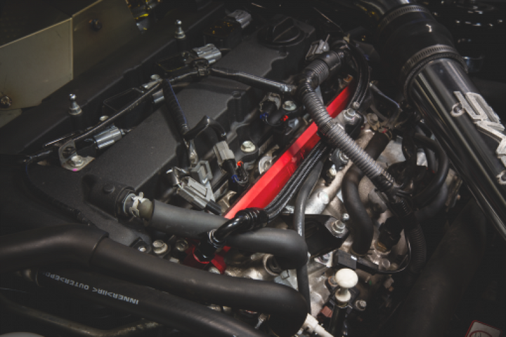AMS Performance 08-15 Mitsubishi EVO X CNC Machined Aluminum Fuel Rail w/Pulsation Dampener - Red - Bull Strap