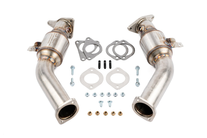AMS Performance VR30DDTT Street Lower Downpipes w/GESI Catalytic Converter - Bull Strap