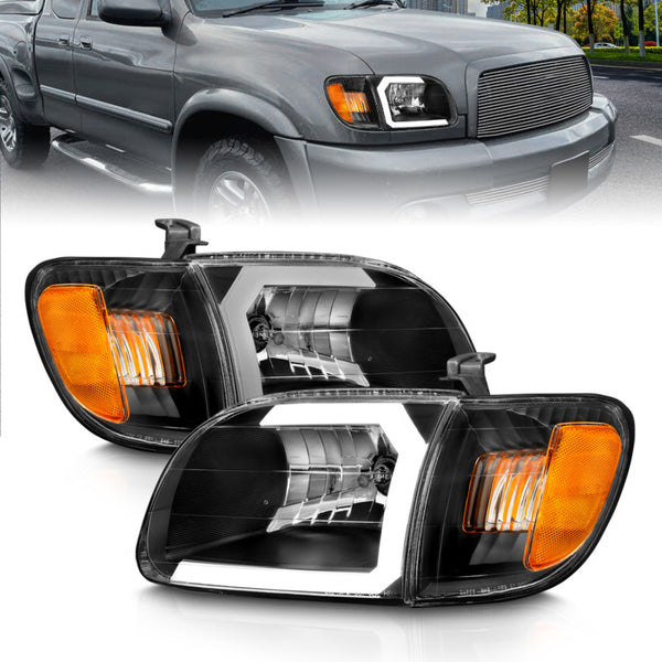 ANZO 00-04 Toyota Tundra (Fits Reg/Acc Cab Only) Crystal Headlights w/Light Bar Black w/Corner Light - Bull Strap