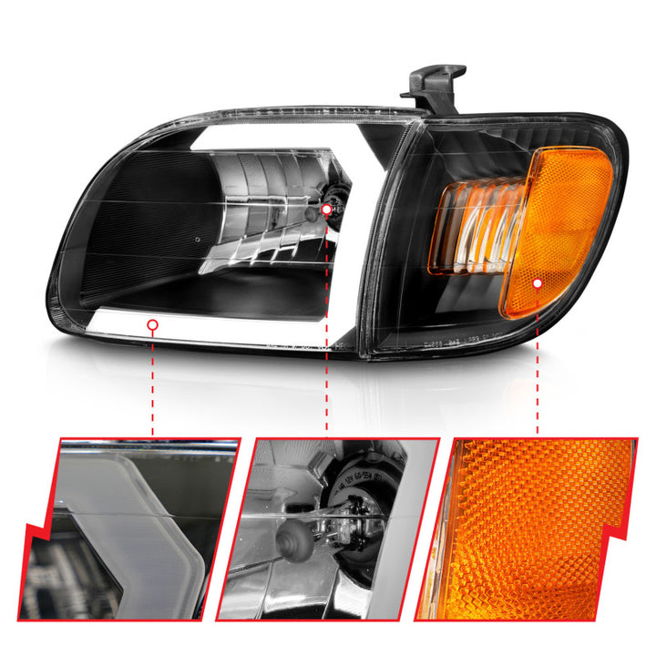 ANZO 00-04 Toyota Tundra (Fits Reg/Acc Cab Only) Crystal Headlights w/Light Bar Black w/Corner Light - Bull Strap