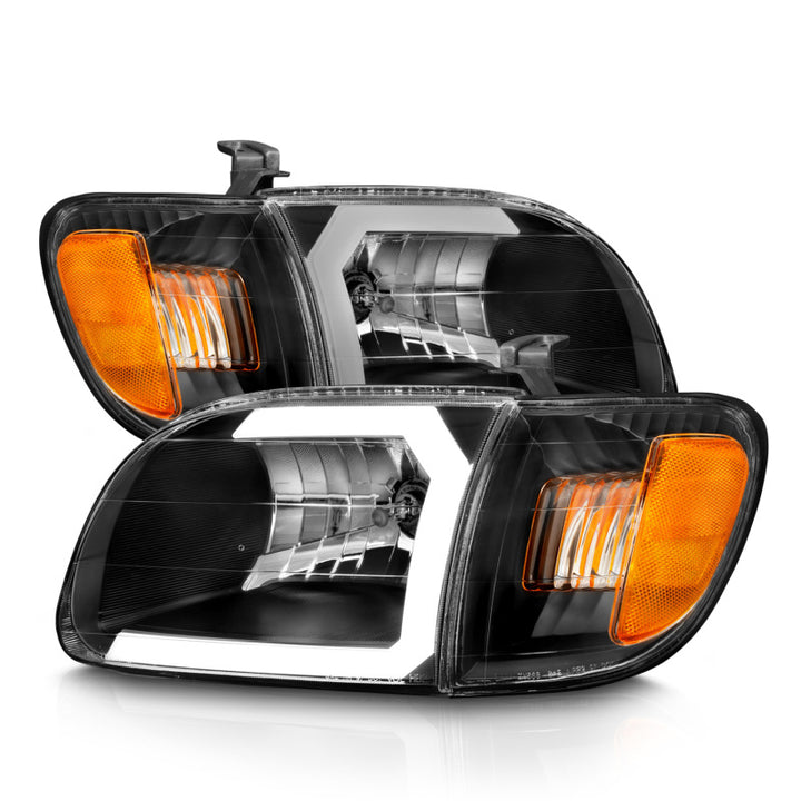 ANZO 00-04 Toyota Tundra (Fits Reg/Acc Cab Only) Crystal Headlights w/Light Bar Black w/Corner Light - Bull Strap