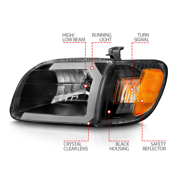 ANZO 00-04 Toyota Tundra (Fits Reg/Acc Cab Only) Crystal Headlights w/Light Bar Black w/Corner Light - Bull Strap