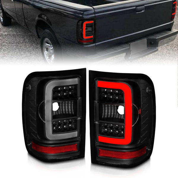 ANZO 01-11 Ford Ranger LED Taillights - Black Housing w/ Smoke Lens & Light Bar - Bull Strap