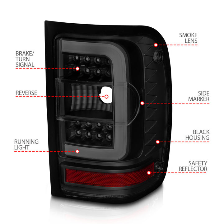 ANZO 01-11 Ford Ranger LED Taillights - Black Housing w/ Smoke Lens & Light Bar - Bull Strap