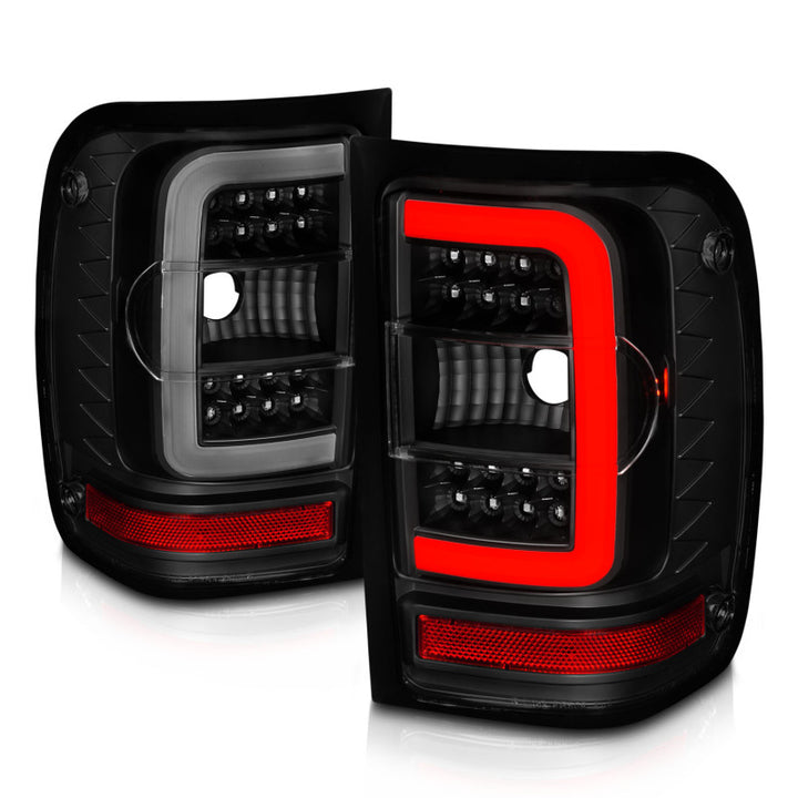 ANZO 01-11 Ford Ranger LED Taillights - Black Housing w/ Smoke Lens & Light Bar - Bull Strap