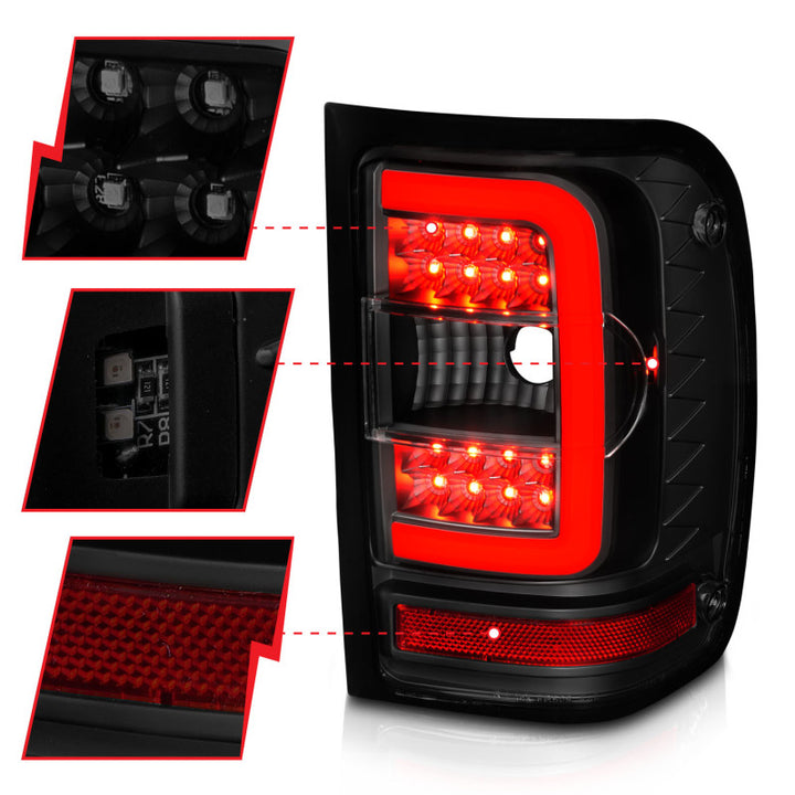 ANZO 01-11 Ford Ranger LED Taillights - Black Housing w/ Smoke Lens & Light Bar - Bull Strap