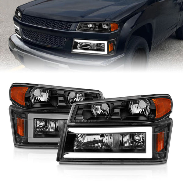 ANZO 04-12 GM Colorado/Canyon/I-Series Crystal Headlights - w/ Light Bar Black Housing 4pcs - Bull Strap