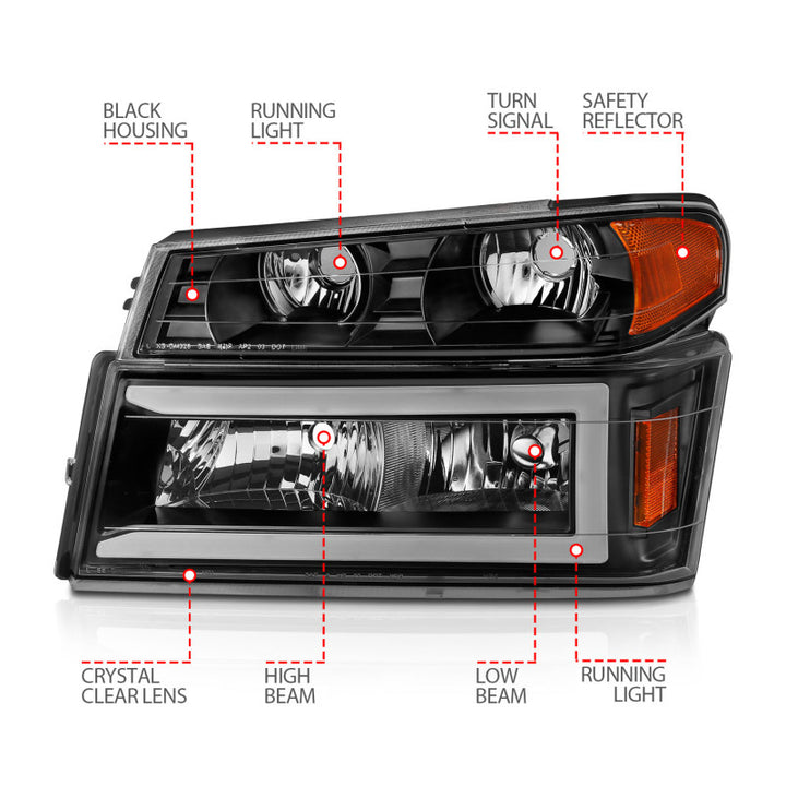 ANZO 04-12 GM Colorado/Canyon/I-Series Crystal Headlights - w/ Light Bar Black Housing 4pcs - Bull Strap