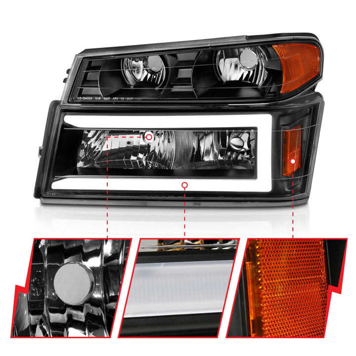 ANZO 04-12 GM Colorado/Canyon/I-Series Crystal Headlights - w/ Light Bar Black Housing 4pcs - Bull Strap