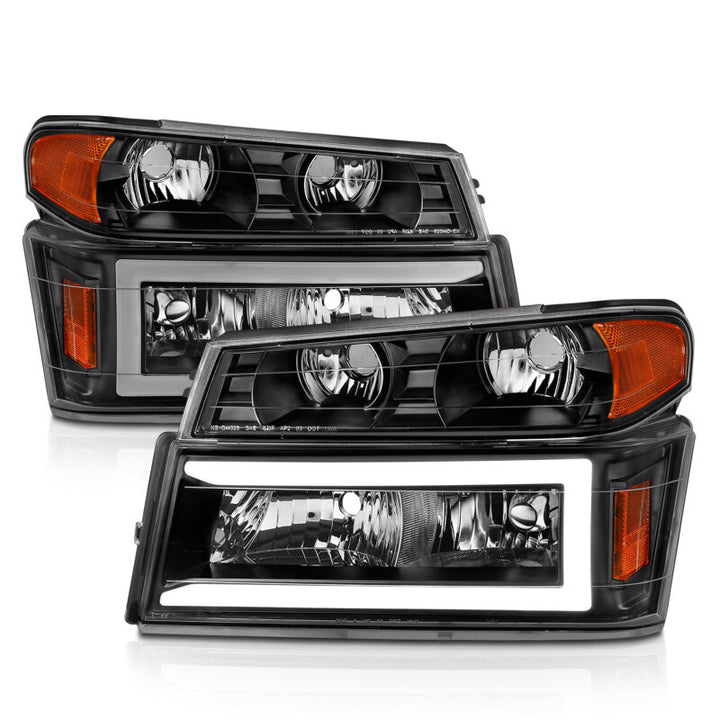 ANZO 04-12 GM Colorado/Canyon/I-Series Crystal Headlights - w/ Light Bar Black Housing 4pcs - Bull Strap