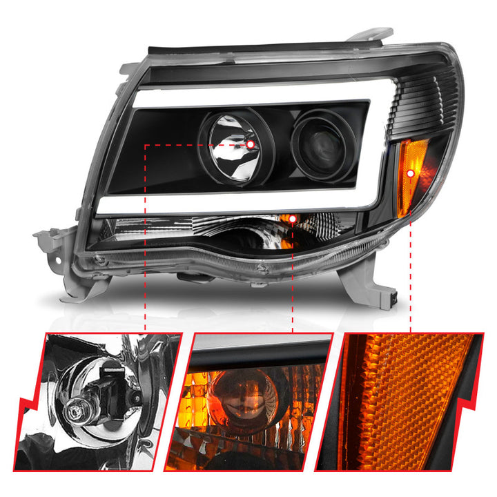 ANZO 05-09 Toyota Tacoma Projector Light Bar Style Headlights w/ C Light Bar - Bull Strap