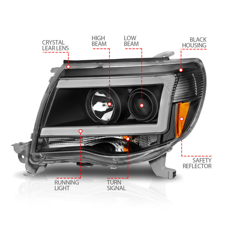 ANZO 05-09 Toyota Tacoma Projector Light Bar Style Headlights w/ C Light Bar - Bull Strap