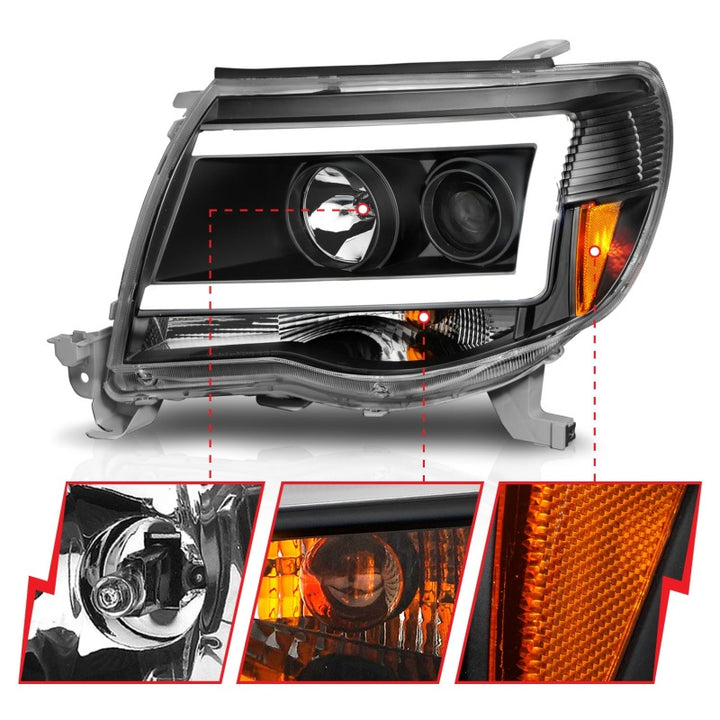 ANZO 05-09 Toyota Tacoma Projector Light Bar Style Headlights w/ C Light Bar - Bull Strap